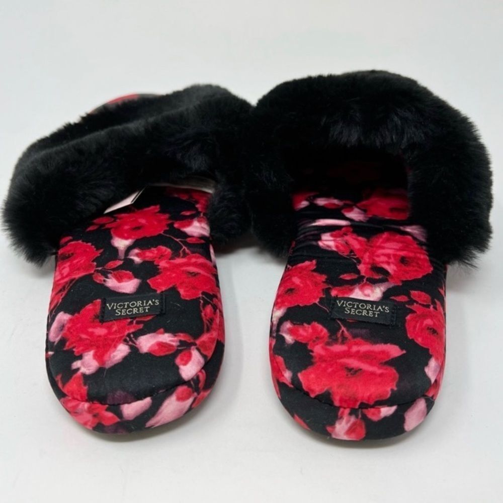 VICTORIA’S Secret Signature Satin Rose Slippers With Faux Fur Size Small - Picture 7 of 9